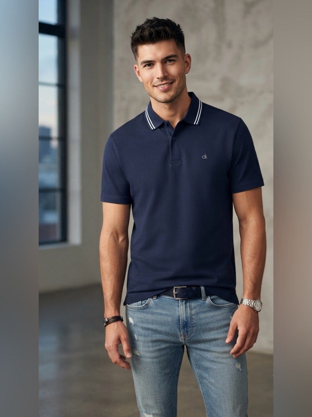 New CALVIN KLEIN Men's L Navy Blue / Embroidered CK Logo 100% Cotton Polo Shirt